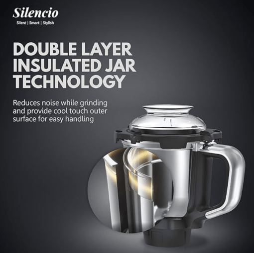 Havells Silencio Lowest Noise 4 Jar Mixer Grinder with HVDC Technology, Slow Speed Grinding, Double Layer Insulated Steel Jar, LED Display/Pre-Set Options & Hands free operation (Grey Black)500 Watts - Image 5